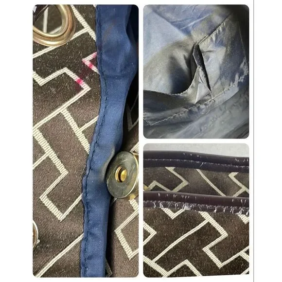 Tommy Hilfiger Logo Print Brown Sateen Patent Leather Trim Tote Bag - Picture 8 of 9